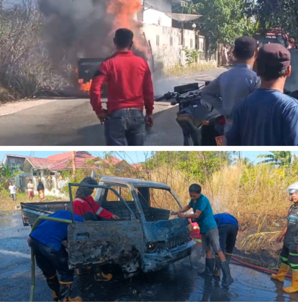 Heboh Mobil Pikap Terbakar di Jalan Berkat Permai Pelaihari , Ada Ceceran Api di Jalan